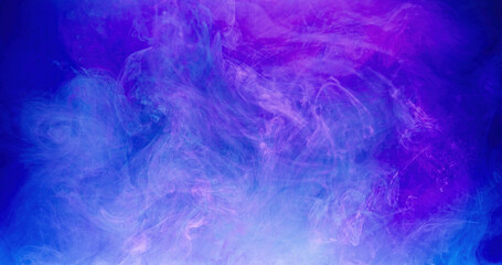 Color smoke. Mist texture. Ink water flow. Sky haze. Neon purple blue vapor cloud blend wave abstract art background with free space.