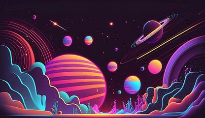 Obraz premium alien planet and space abstract background with circles retro neon psychedelic background new quality stock image space illustration desktop wallpaper design, Generative AI