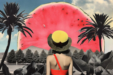 A Woman Standing Before a Surreal Tropicalism Collage Artwork in a Contemporary Mixed Media Watermelon Style