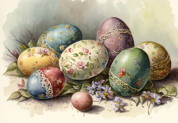 Easter eggs in a basket. A watercolor painting of a basket of easter eggs. Generative AI