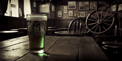 Interior of an Irish pub with a glass of beer and ale on a table in the foreground. Abstract illustration generated.