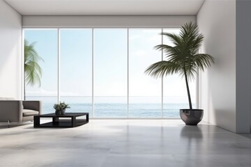 Indoor plant on white floor with empty concrete wall background, Lounge and coffee table near glass window in sea view living room of modern luxury beach house or hotel - Home interior Generative AI - obrazy, fototapety, plakaty