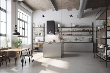 modern nordic kitchen in loft apartment. 3D rendering Generative AI - obrazy, fototapety, plakaty