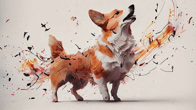 The painting of a small corgi puppy with the splatter of paints on the side AI generated