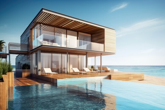 Luxury beach house with sea view swimming pool and terrace in modern design. Wooden floor deck at vacation home or hotel. 3d illustration of contemporary holiday villa exterior Generative AI