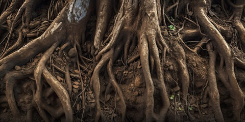Fototapeta premium Growing tree roots. Generative AI realistic illustration