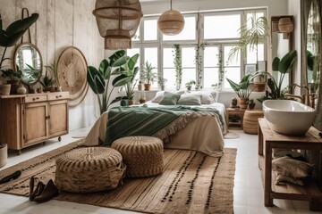 White and green bohemian wooden bedroom and bathroom. Bed, bathtub, jute mat, potted plants. Shutters. Rustic interior design,. Generative AI