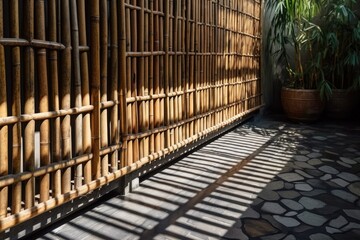 Balinese bamboo fence linked to a white brick wall with a gorgeous roof shadow. Generative AI