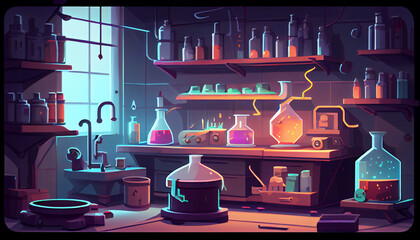 laboratory 2D background environment for a mobile game. A high quality horizontal background landscape. Gaming template design location. Generative ai