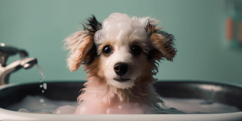 Cute puppy dog in bathtub, Pets Cleaning Concept. Pamper Your Pup with a Relaxing Bath. The Ultimate Cleanliness and Refreshment for Your Furry Friend. Generative AI.