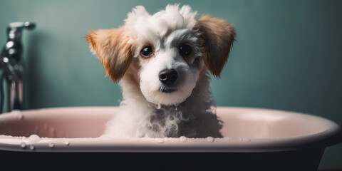 Cute puppy dog in bathtub, Pets Cleaning Concept. Pamper Your Pup with a Relaxing Bath. The Ultimate Cleanliness and Refreshment for Your Furry Friend. Generative AI.
