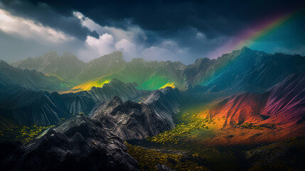 Scenic Outdoor Landscape of Rainbow in The Mountain Valley, The Cloudy Sky and The Wilderness. Generative AI.