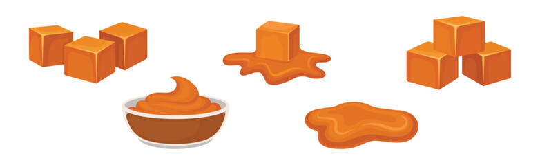 Caramel as Dark-orange Confectionery Product Made by Heating Sugar Vector Set