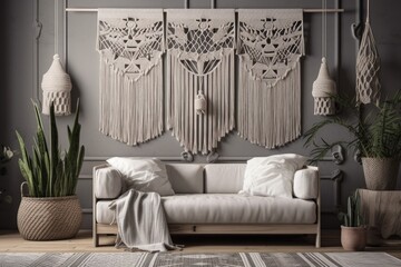 Boho macrame wall panel for wedding and home décor. Comfortable home design. Boho living room with white macrame. Generative AI