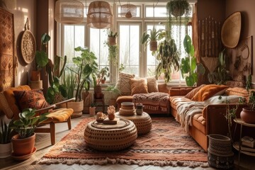 Boho living room with brown sofa and window cushions. Green houseplants in clay pots, plaid wicker basket, and floor mat inside. Generative AI