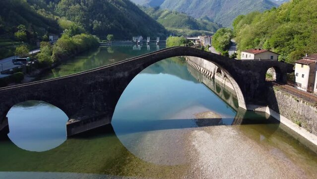 Aerial view with drone on the devil's bridge in a spring day. Borgo a Mozzano, Lucca, Tuscany, Devil's Bridge