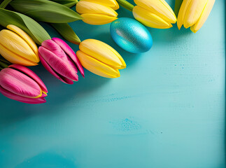 Easter: colorful tulips on a blue background with easter eggs