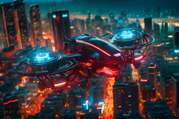 Soaring above the city's pulsating energy, the innovative flying car harmonizes with the dazzling neon grid, epitomizing the limitless possibilities of tomorrow