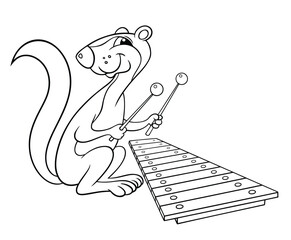 Fototapeta premium Cartoon animals. Vector outline image for coloring, isolated on white. Cartoon Xerus plays the xylophone. Xerus is a funny musician.