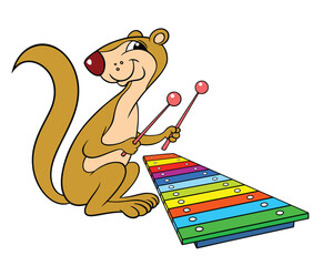 Cartoon animals. Vector color image isolated on white. Cartoon Xerus plays a colored xylophone. Xerus is a funny musician.