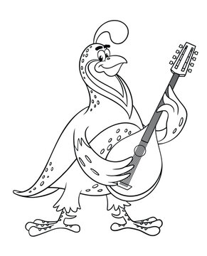 recommend clip art: Cartoon animals. Vector outline image for coloring, isolated on white. Cartoon quail plays the mandolin. Cartoon quail is a musician.