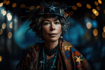 Fototapeta premium Portrait of a woman dressed in a star style intricate tarot outfit. Generative AI.