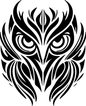 ﻿Owl tattoo in black & white with Polynesian design elements.