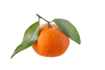 One juicy orange tangerine or mandarin with green leaves closeup isolated on white background.