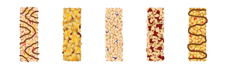 Various Granola Bars with Oatmeal, Nuts and Puffed Rice Vector Set