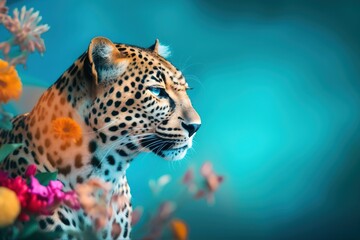 Fototapeta na wymiar a close up of a leopard surrounded by flowers and plants. generative ai
