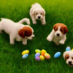 Puppies playing with Easter eggs in green grass.