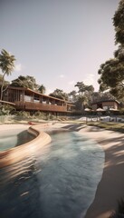 Fototapeta premium Beachfront resort with large pool and beautiful wooden residences surrounded by beach trees Generative AI