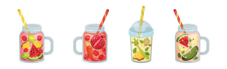 Smoothie in Jar with Different Ingredients Mixing Together Vector Set