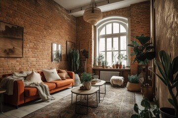 Fototapeta na wymiar Poznan, Poland, 10 October 2022 Traditional boho living room with ancient brick wall in tenent house apartment. Generative AI