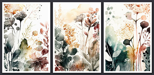Watercolor floral backgrounds set. Modern loose watercolor.