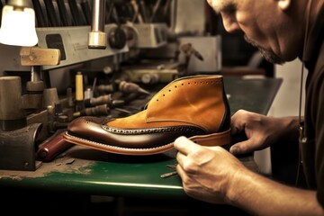 Luxury shoemaking by shoemaker. Photo generative AI