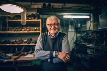 Senior Entrepreneur shows off cobbler shop. Photo generative AI