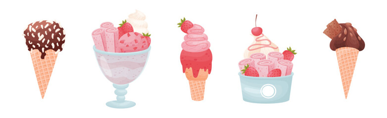 Tasty Ice Cream in Waffle Cone and Cup as Sweetened Frozen Food Vector Set