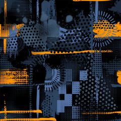 Abstract seamless chaotic pattern with urban geometric elements, scuffed, drops, triangles, spots, sprays Grunge neon texture background. Wallpaper for boys and girls © artlavi_design