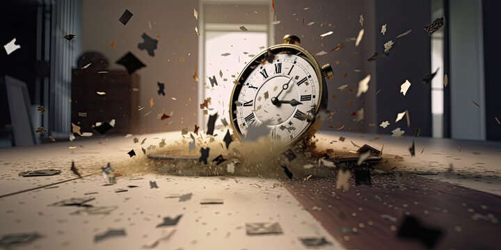 A clock smashing into pieces as it hits the ground