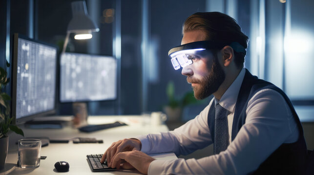 A businessman with virtual reality (VR) and augmented reality (AR) glasses  working in a table, with keyboard side position - generative AI
