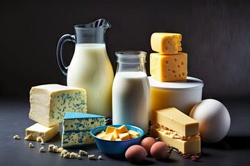 Milk in bottles of eggs and dairy product on dark gray background, created with generative ai