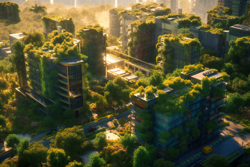 A sunlit green city emerges, where sustainable technologies and verdant landscapes unite, forging a vibrant, environmentally responsible future