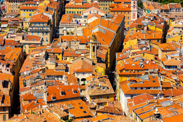 Nice panorama with Vieille Ville historic old town district with Saint Reparata Cathedral at French Riviera of Mediterranean Sea in France