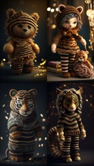 Fototapeta na wymiar Beautiful stuffed tiger toy in outfit, tiger cub doll for children, decorative gift. Character for children's books and stories. Created with AI.