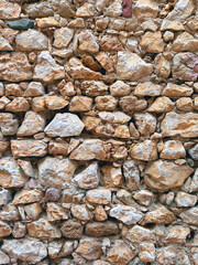 Background of old wall of stone and mud. Rustic stone facade. Constructions and Architecture.