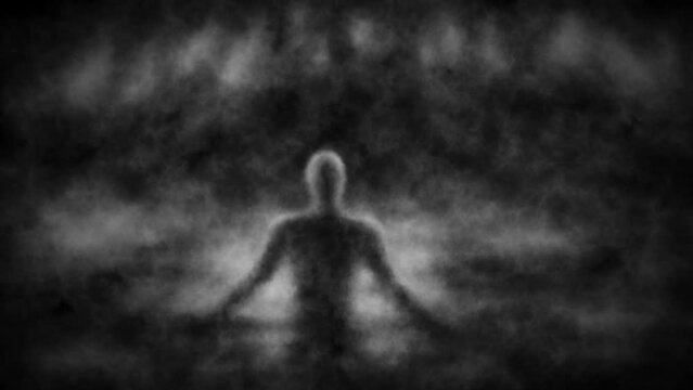 Scary 2D animation of gloomy silhouette in water. Mystical worlds of dreams. Dark fantasy  movie. Horror video for Halloween. Music clips and VJ loops. Flicker, dirty, noise effects. Black and white.