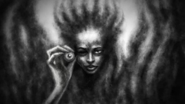 Evil witch demon holds her eye in hand 2D animation. Halloween dark ghost. Horror fantasy genre. Spooky visions of hell. Scary character from nightmares. Gloomy video clip. Black and white background.