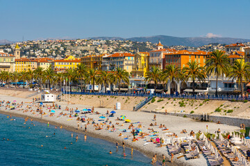 Nice shore and beach panorama with Prom des Anglais boulevard, Le Carre d’Or and Les Baumettes...