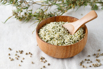 Shelled hemp seeds as superfoods , supplement for eat with fiber and omega 3 cbd oil.